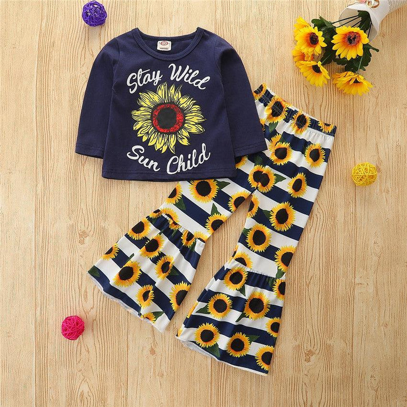 Toddler Kids Girls Solid Letter Top Stripe Sunflower Flared Pants Set - PrettyKid