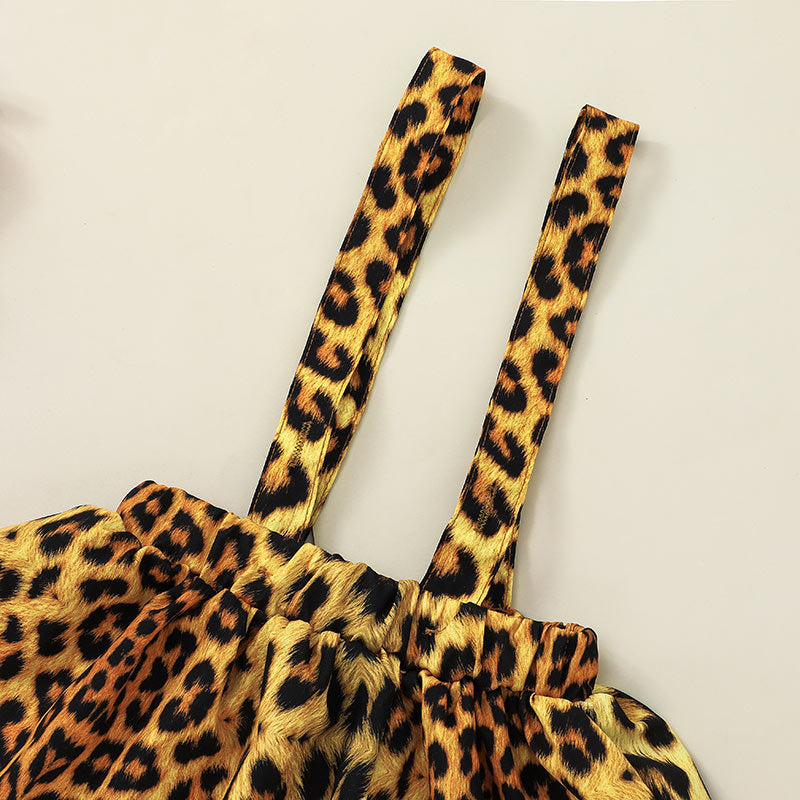 Baby Girls Leopard Print Lettered Halter Skirt Long Sleeve Jumpsuit - PrettyKid