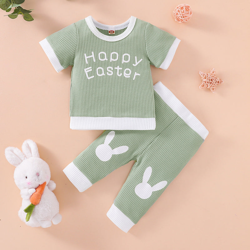 Toddler Kids Solid Letter Print Short Sleeve Top Trousers Waffle Suit Easter Dress - PrettyKid