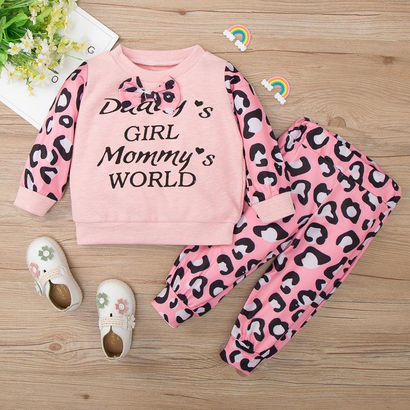 Toddler Girl Solid Letter Top Leopard Print Pants Home Suit - PrettyKid