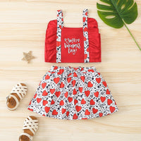 Toddler Kids Girl Solid Letter Love Printing Suspender Top Short Skirt Valentine's Day Set - PrettyKid