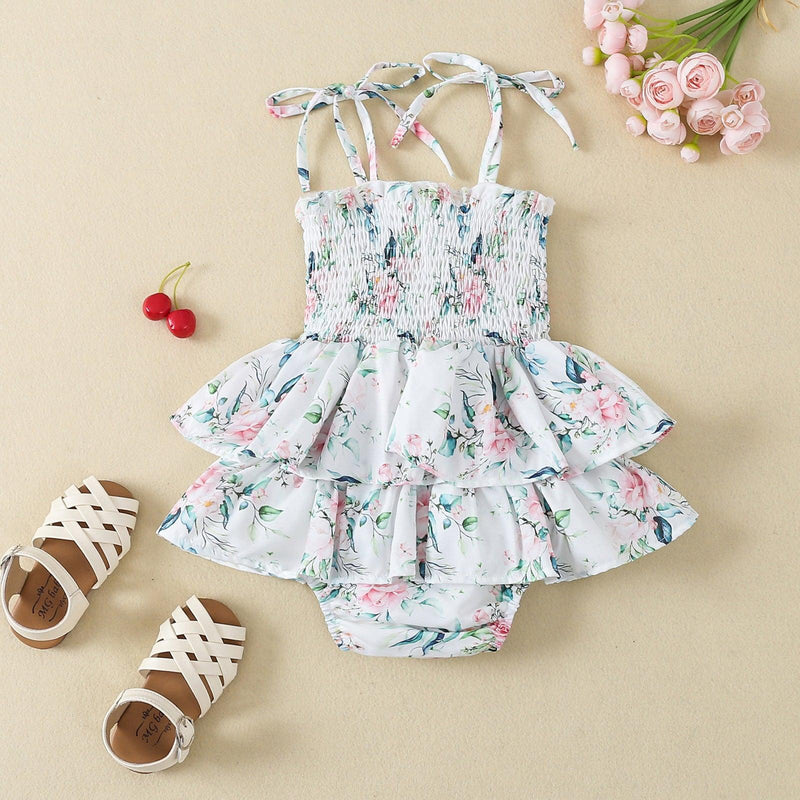 9-24M Floral Smocked Ruffle Trim Cami Baby Girls Bodysuit Bulk Baby Clothes Wholesale - PrettyKid