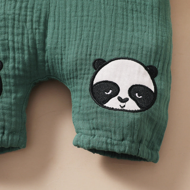Toddler Boys Cotton Stripe Short Sleeve T-shirt Panda Embroidered Suspender Pants Set - PrettyKid