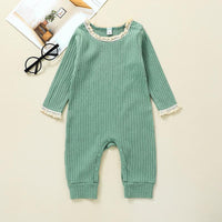 Baby Girls Solid Color Long Sleeve Knit Stripe Jumpsuit - PrettyKid