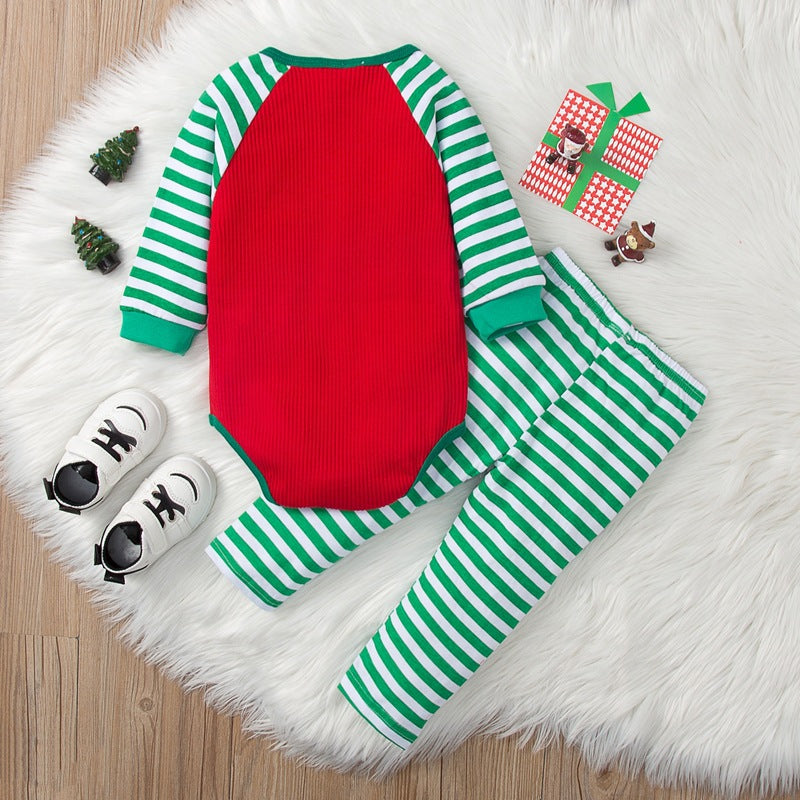 Baby Letter Green Stripe Jumpsuit Pants Christmas Suit - PrettyKid