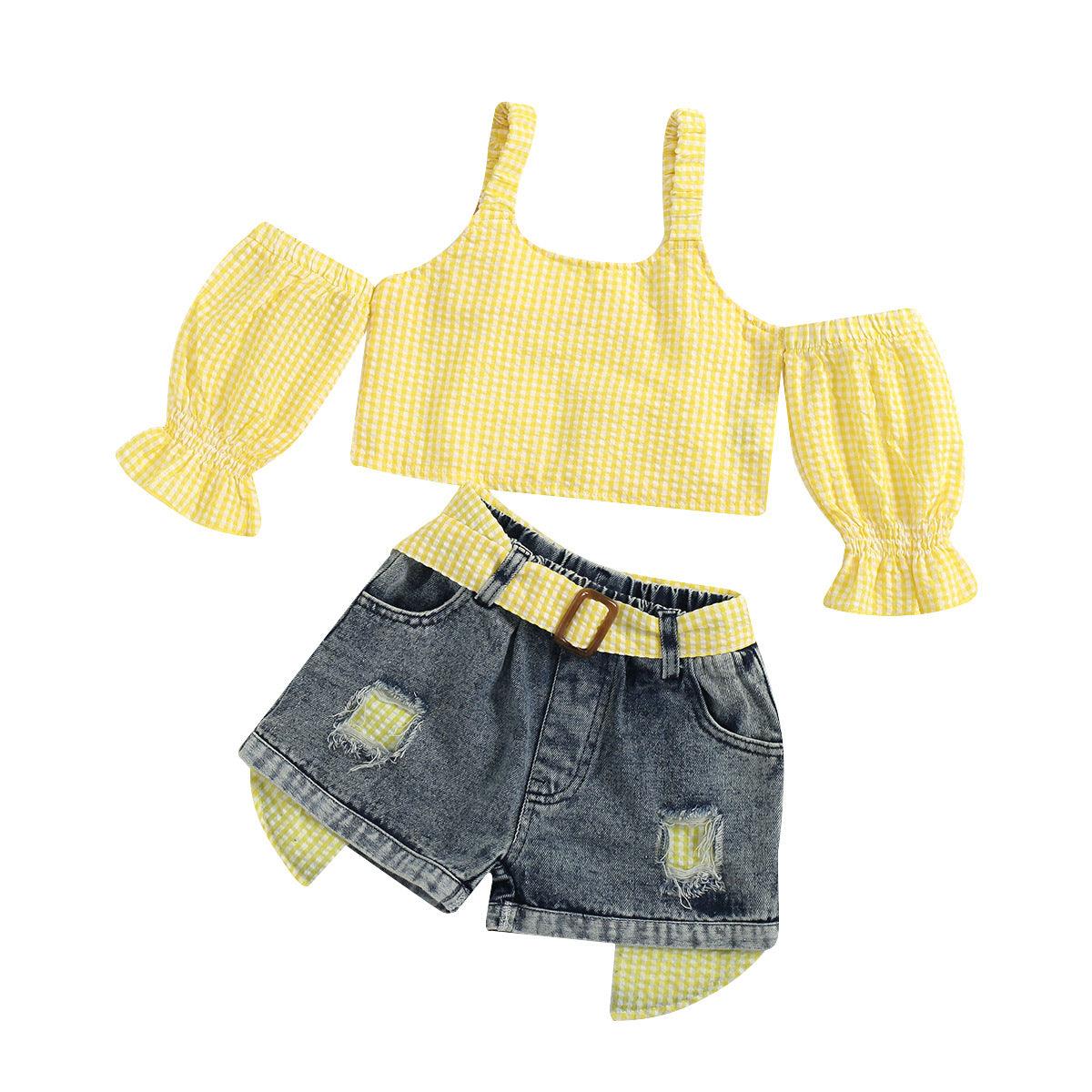 Hanging Strap Off-shoulder Bubble Sleeve Sweet Beauty Baby Two-piece Set