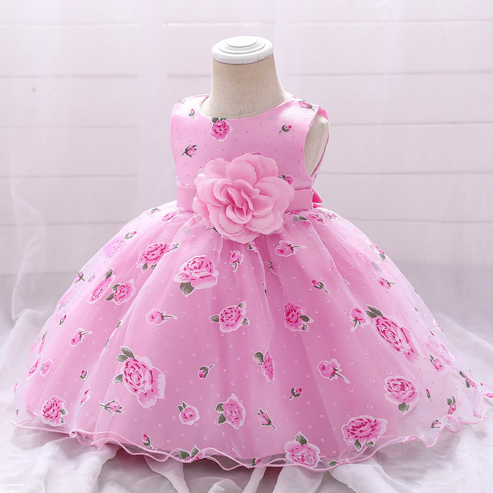 Baby Girls Flower-printed Pompous Gauze Princess Dress - PrettyKid