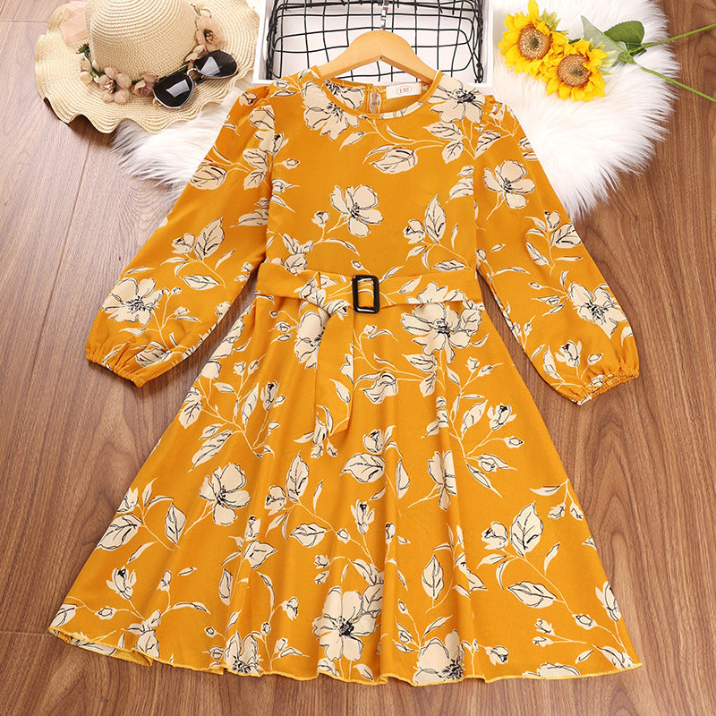 Girls Solid Color Floral Print Round Neck Long Sleeve Dress with Belt - PrettyKid
