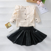 Toddler Kids Girls' Long Sleeve Ruffle Round Neck Shirt Leather Skirt Set - PrettyKid