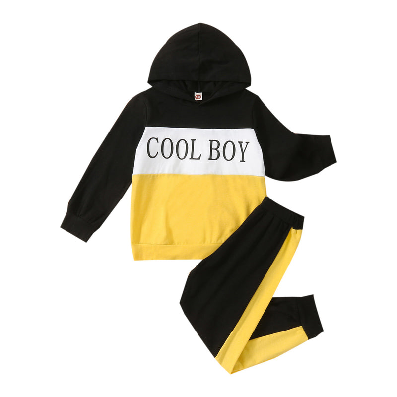 Toddler Kids Boys Long Sleeved Multi-color Patchwork Letter Print Hooded Sweatshirt Suit - PrettyKid