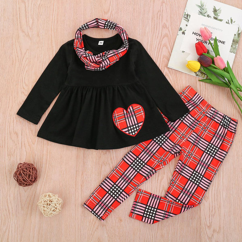 Toddler Kids Girls Solid Color Love Print Top Plaid Pants Set - PrettyKid