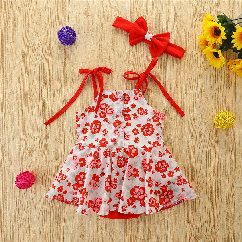 Baby Girl Red Floral Print Cute Halter Jumpsuit - PrettyKid