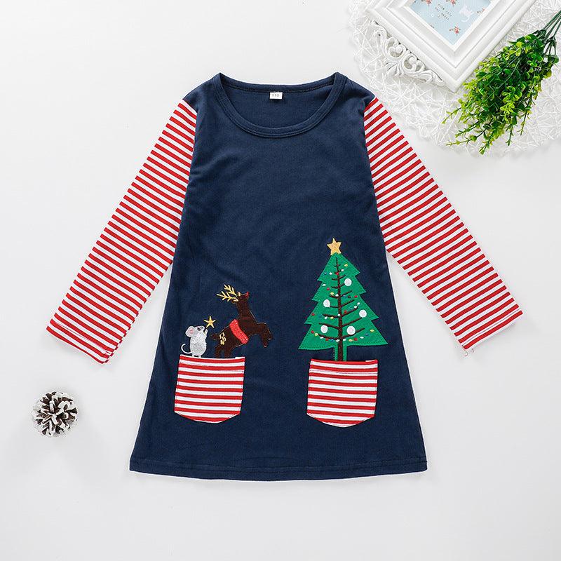 Toddler Kids Girls' Round Neck Long Sleeve Long T-shirt Children's Stripe Christmas Dress - PrettyKid