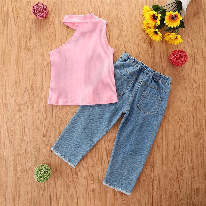 Toddler Kids Girls Solid Color Vest Denim Pants Set Children's Wholesale Clothing Vendors - PrettyKid