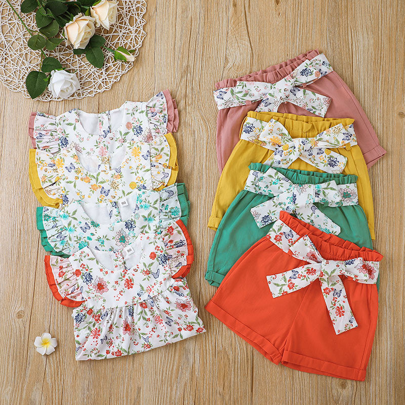 Toddler Kids Girls Floral Print Sleeveless Top Solid Bow Shorts Set - PrettyKid