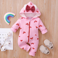 Baby Girl Solid Color Long Sleeve Love Rainbow Printed Hoodie Bow Jumpsuit - PrettyKid