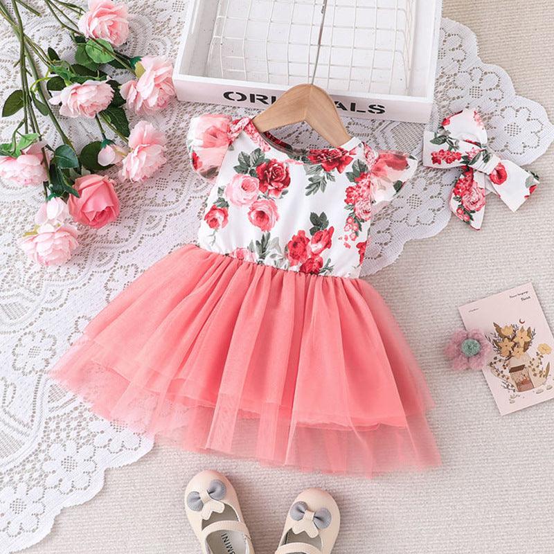 Printed Patchwork Gauze Skirt 2023 New Flying Sleeve Dress+headband Suit - PrettyKid