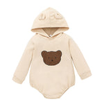 Baby Boys Girls Cute Little Bear Print Solid Color Plush Hooded Jumpsuit - PrettyKid