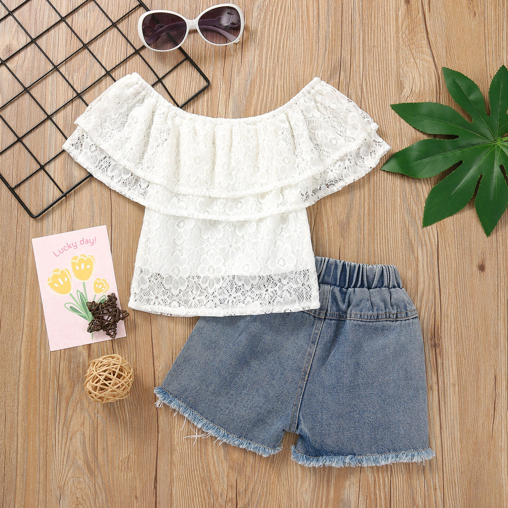 Toddler Kids Girls Solid Lace One Shoulder Short Sleeve Top Pearl Hole Denim Shorts Set - PrettyKid