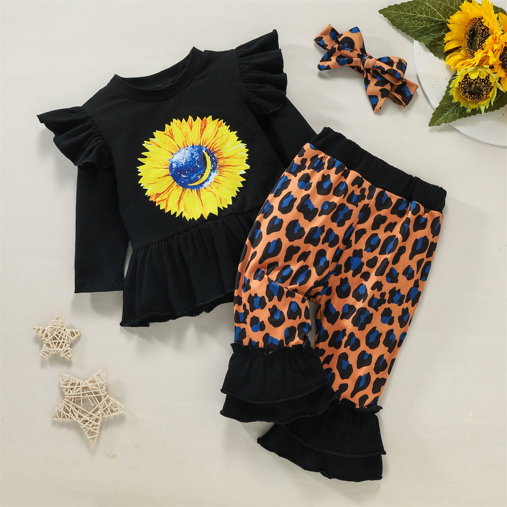 Toddler Girls' Sunflower Printed Long Sleeve Top Leopard Pants Set - PrettyKid