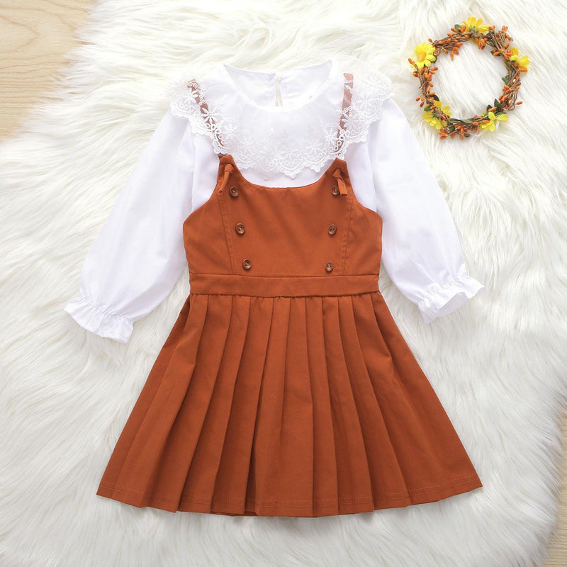 Toddler Kids Girls White Lace Shirt Pleated Suspender Dress Set - PrettyKid