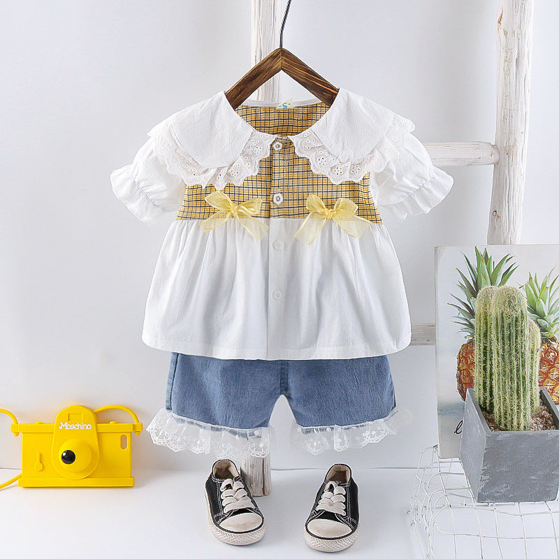 Toddler Girls Solid Plaid Print Lace Panel Short Sleeve Shorts Set - PrettyKid