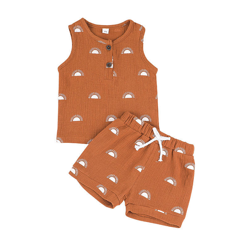 Toddler Boys Solid Color Cartoon Printed Sleeveless Vest Summer Suit - PrettyKid