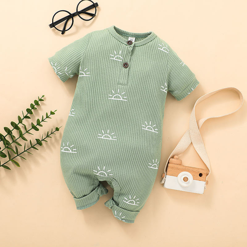 Baby Boys Girls Solid Color Knitted Sun Printed Round Neck Short Sleeve Jumpsuit - PrettyKid