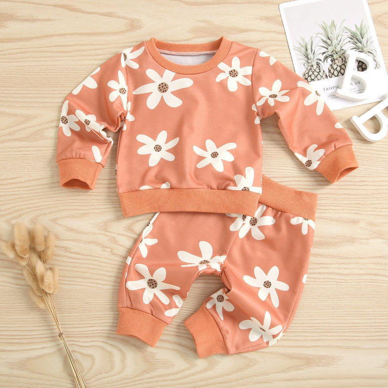 Toddler Girls Orange Flower Print Long Sleeve Suit - PrettyKid