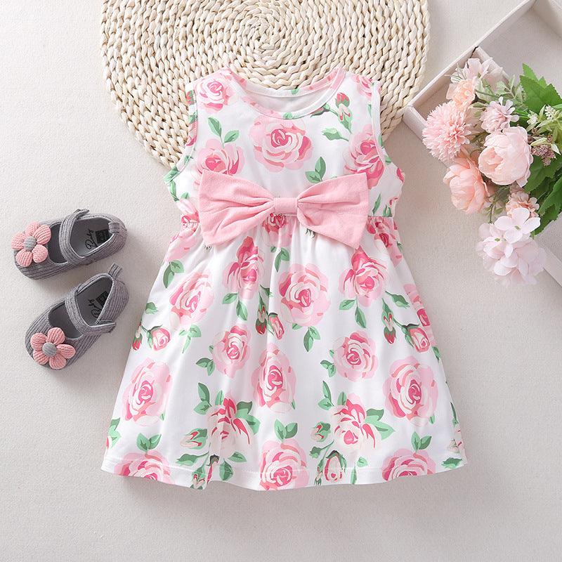 Baby Girls Sleeveless Pink Flower Bow Dress - PrettyKid