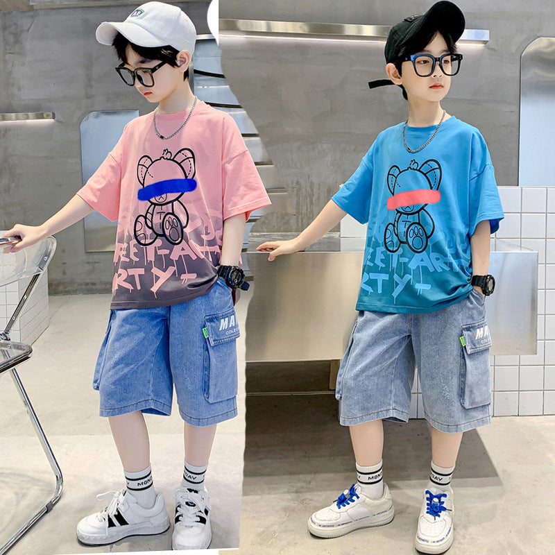 Boys Summer Solid Color Cartoon Bear Print Short Sleeve T-Shirt Top Denim Shorts Set - PrettyKid