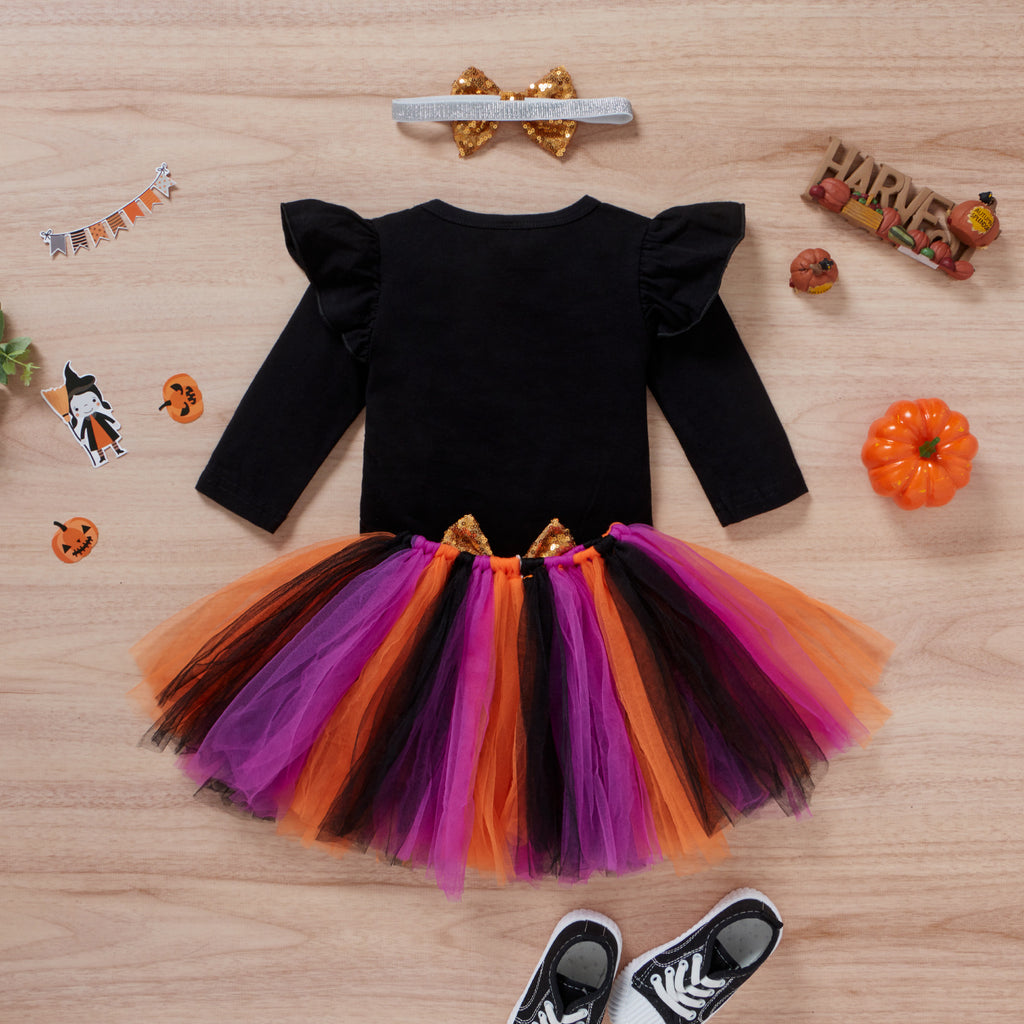 Toddler Girls Halloween Pumpkin Print Jumpsuit Mesh Skirt Hair Accessories Set - PrettyKid