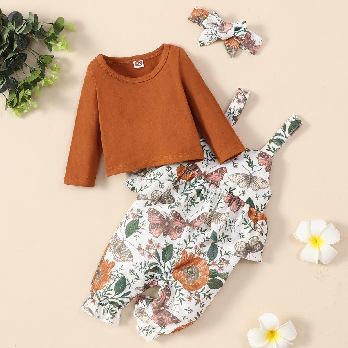 Toddler Girl Solid Color Round Neck Long Sleeve Top Flower Print Suspender Pants Set - PrettyKid