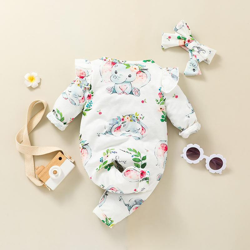 Newborn Cartoon Elephant Printed Long Sleeve Jumpsuit Hair Accessories Two Piece Set - PrettyKid