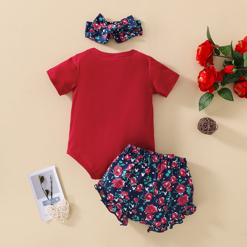 Baby Girls Summer Solid Color Round Neck Short Sleeve Jumpsuit Flower Print Triangle Shorts Hair Set - PrettyKid