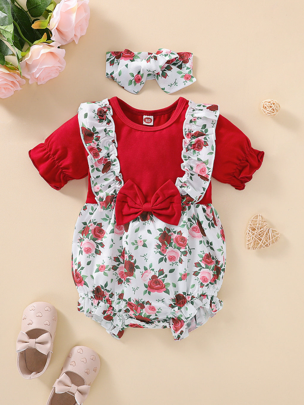 Baby Girls Solid Floral Print Stitched Short Sleeve Jumpsuit - PrettyKid