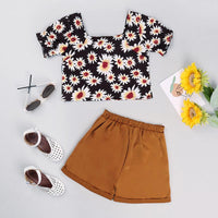 Toddler Kids Girls Flower Print Short Sleeve Blouse Solid Shorts Set - PrettyKid