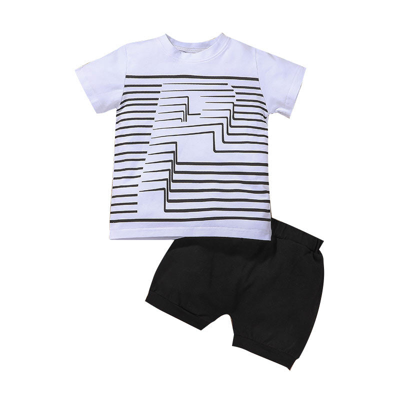 Toddler Kids Boys Summer Stripe Print Short Sleeve Top Solid Shorts Set - PrettyKid
