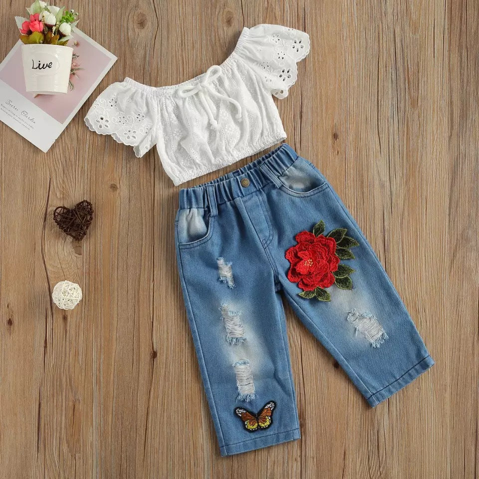 Toddler kids girls' off-the-shoulder lace hollow top with butterfly embroidered jeans set - PrettyKid