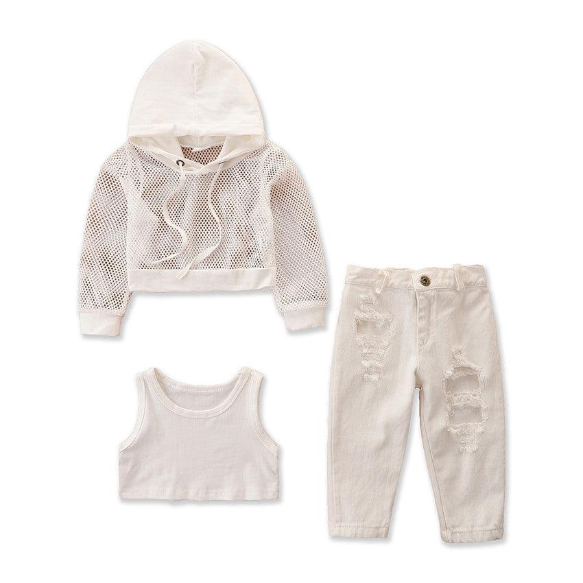 Girls' Autumn New Hollow Long Sleeve Hooded Coat Lined with Torn Jeans Three Piece Set - PrettyKid