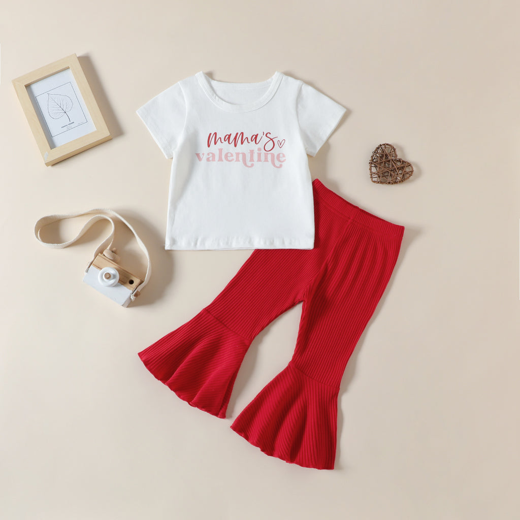 Spring and Summer Girls' Suit Letter Print Top Pit Strip Flare Pants Valentine's Day Suit - PrettyKid
