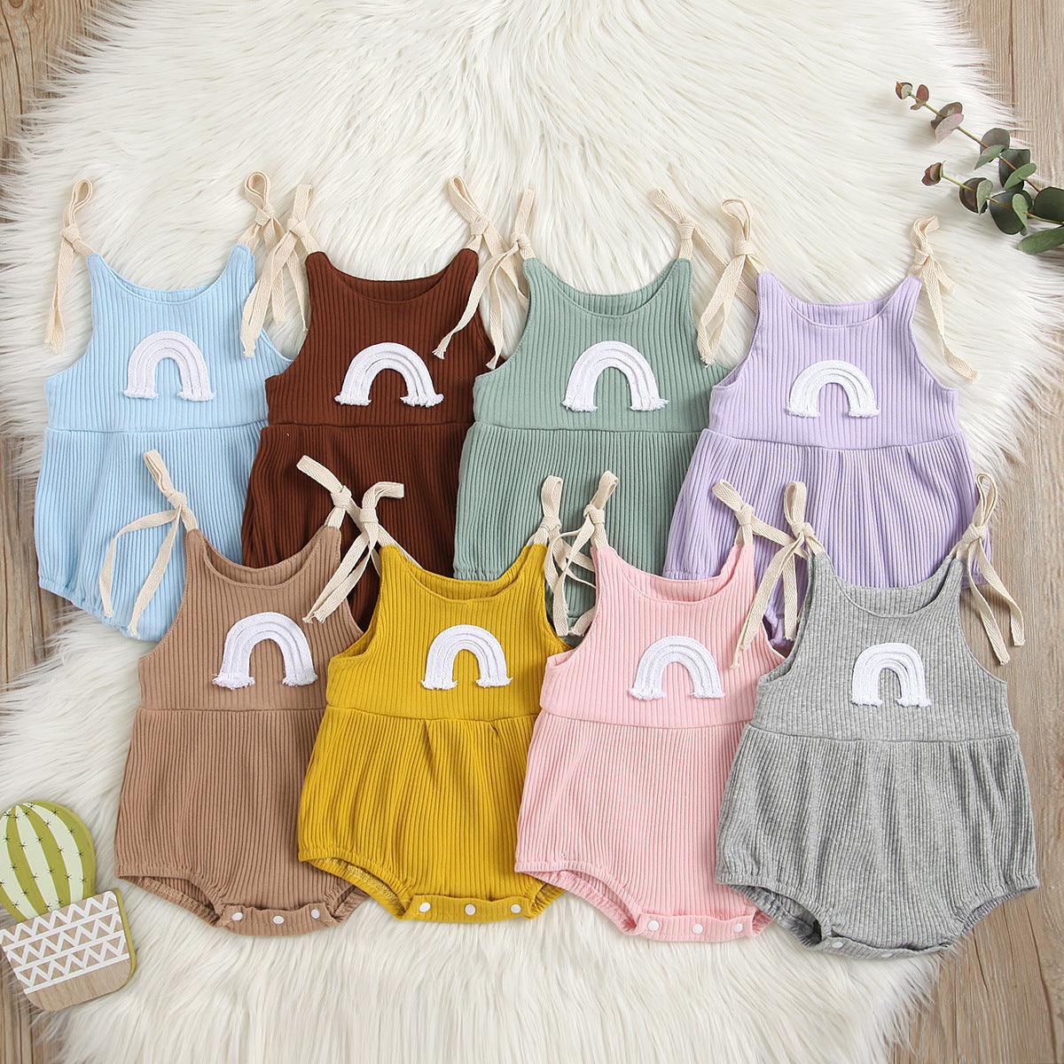 Baby Boys Girls Solid Color Knitted Rainbow Embroidery Suspender Bodysuit - PrettyKid