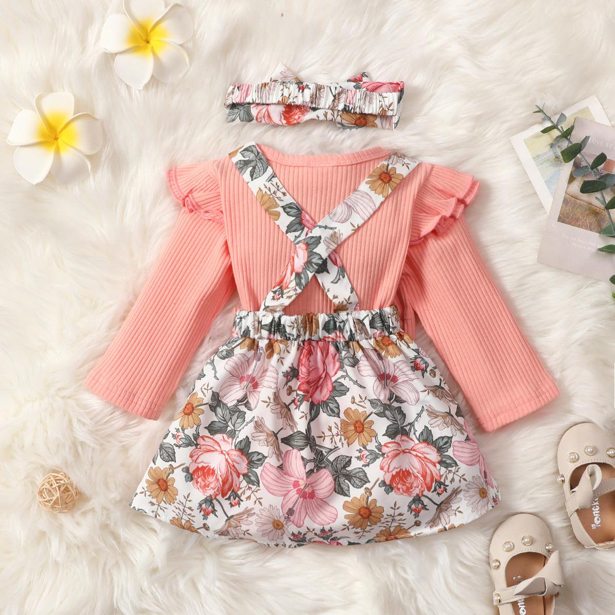 Baby Girls Solid Color Long Sleeve Jumpsuit Flower Print Suspender Skirt Bow Set - PrettyKid