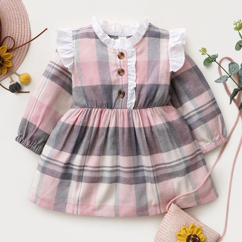 Toddler Girls Long Sleeve Pink Plaid Printed Ruffle Lovely Dress - PrettyKid