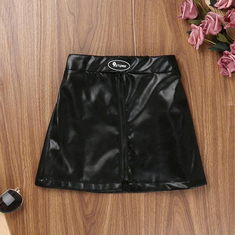 Children Girls Off Shoulder Long Sleeve Sweater Short Leather Skirt Set - PrettyKid