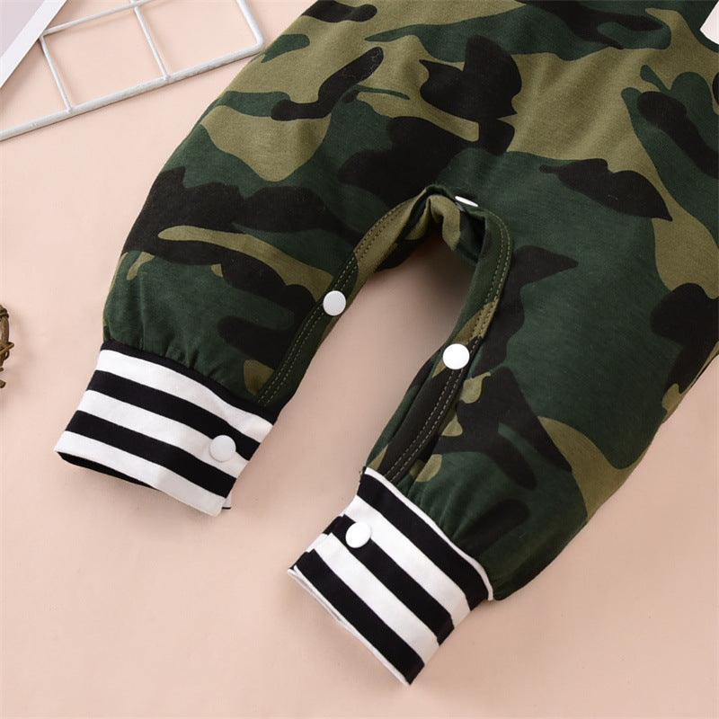 Baby Boys Letter Print Camouflage Patchwork Hooded Jumpsuit - PrettyKid