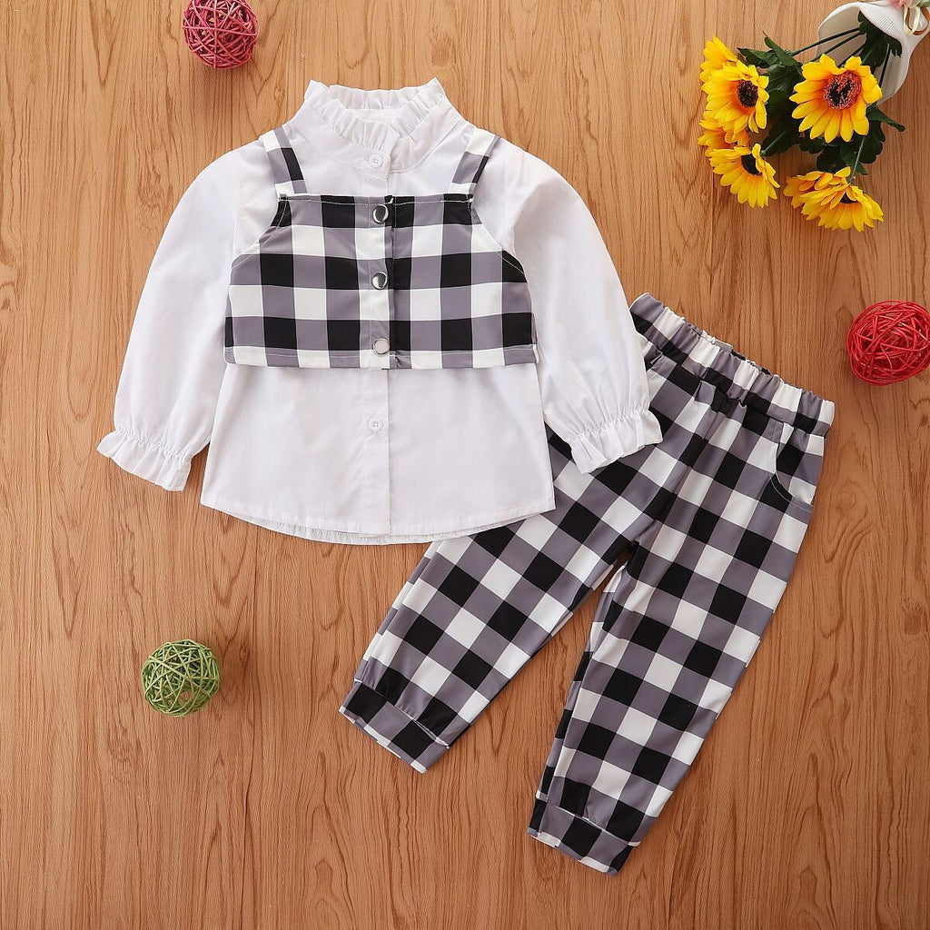 Toddler Kids Girls Long-sleeved Shirt Plaid Sling Vest Three-piece Set Children's Boutique Suppliers - PrettyKid