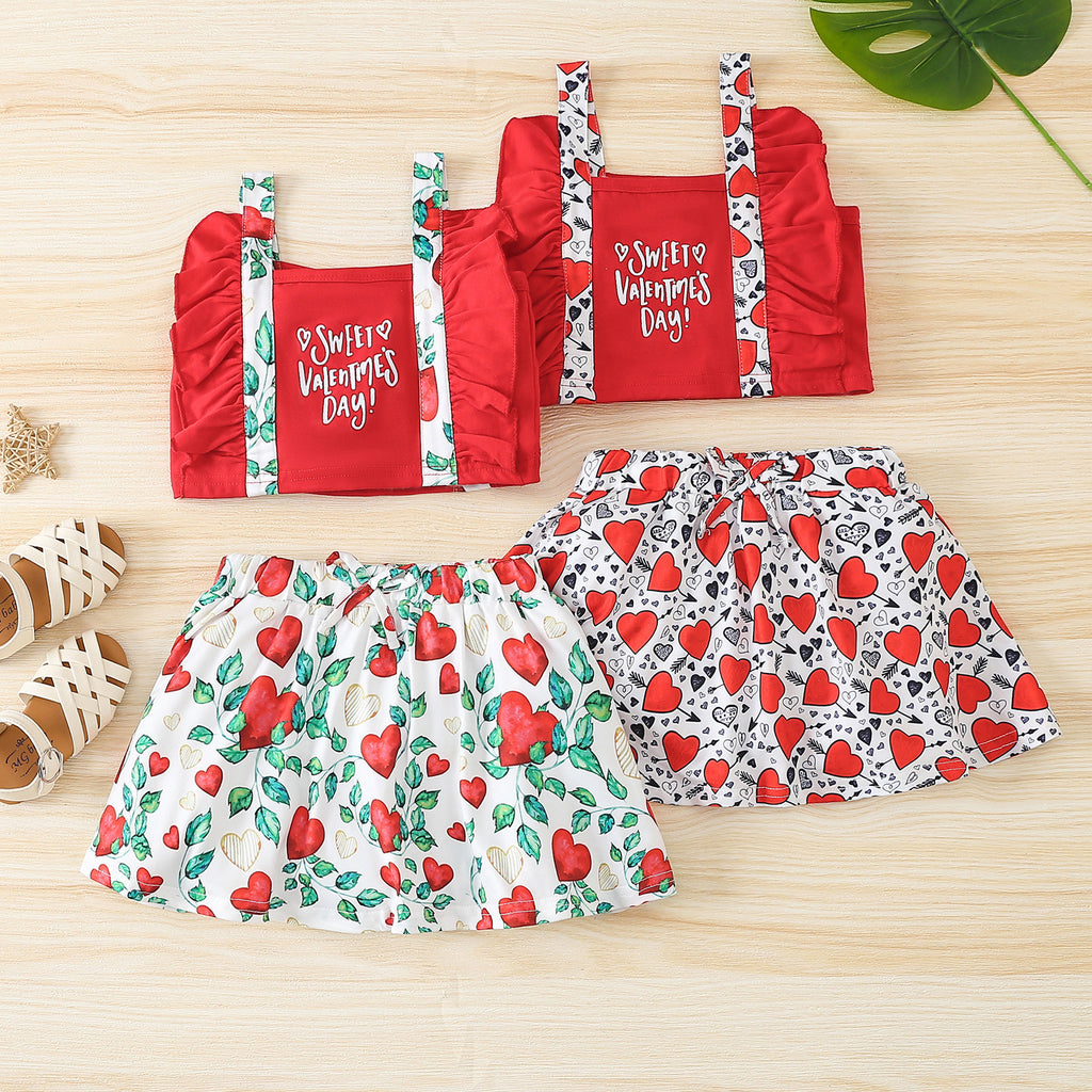 Toddler Kids Girl Solid Letter Love Printing Suspender Top Short Skirt Valentine's Day Set - PrettyKid