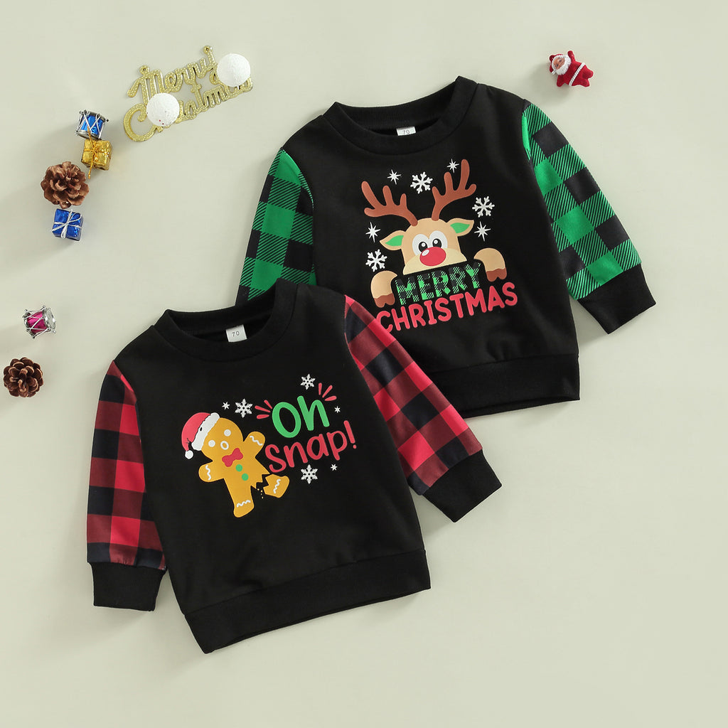 Boys Girls Christmas Deer Printed Plaid Long Sleeve Top - PrettyKid