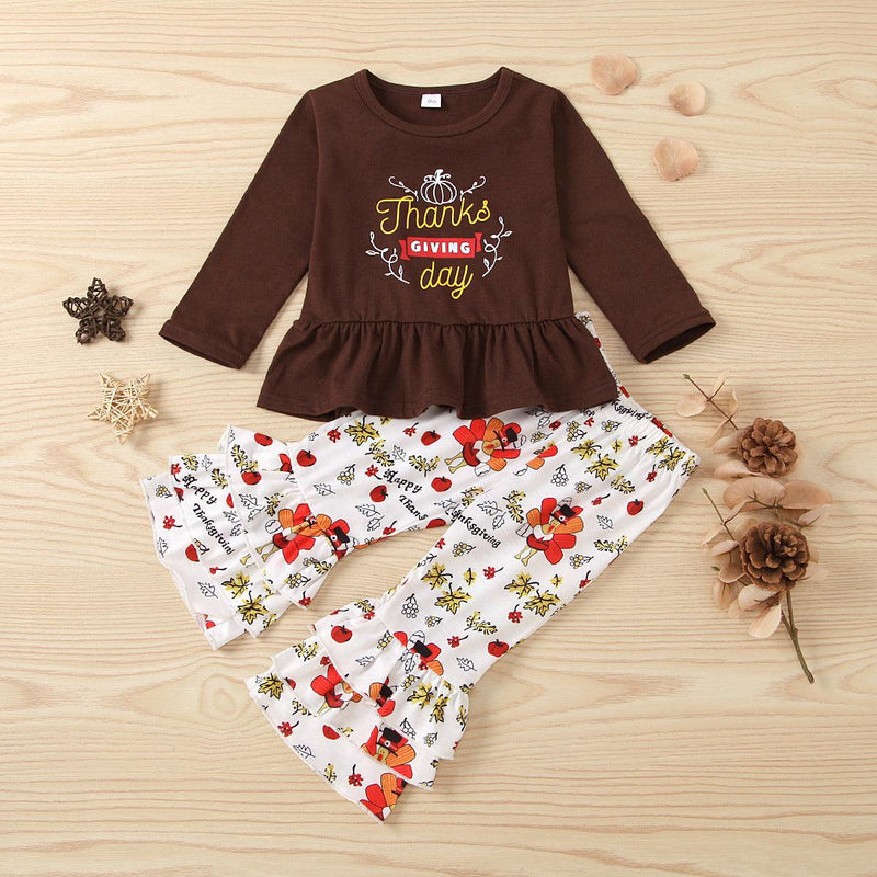 Toddler Kids Girls Thanksgiving Cartoon Letter Printed Long Sleeve Suit Trendy Baby Clothes Wholesale - PrettyKid